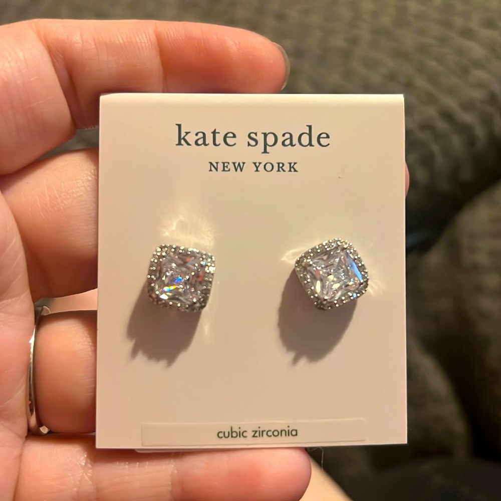Kate Spade That Sparkle Princess Cut Large Stud Earrings Clear/ Silver NWT